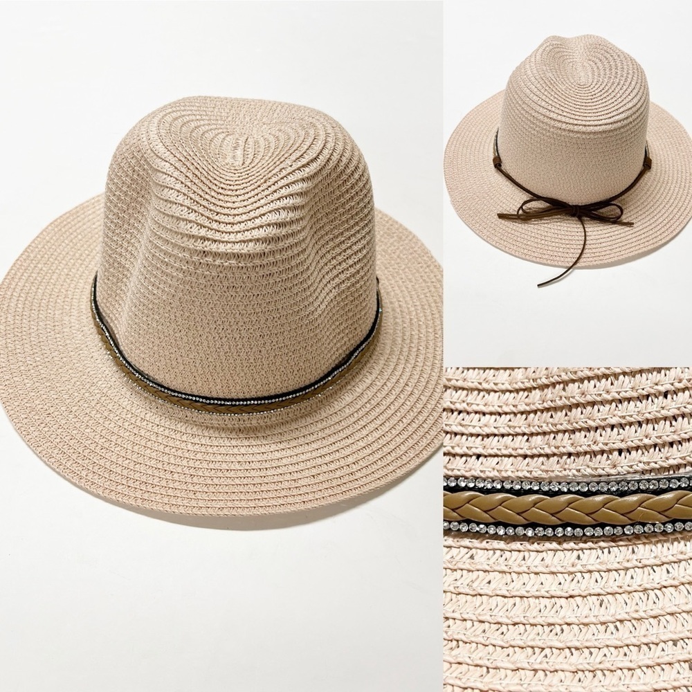 Fashionable Womens Bohemian Light Pink Straw Fedora Style Hat with Beaded Band